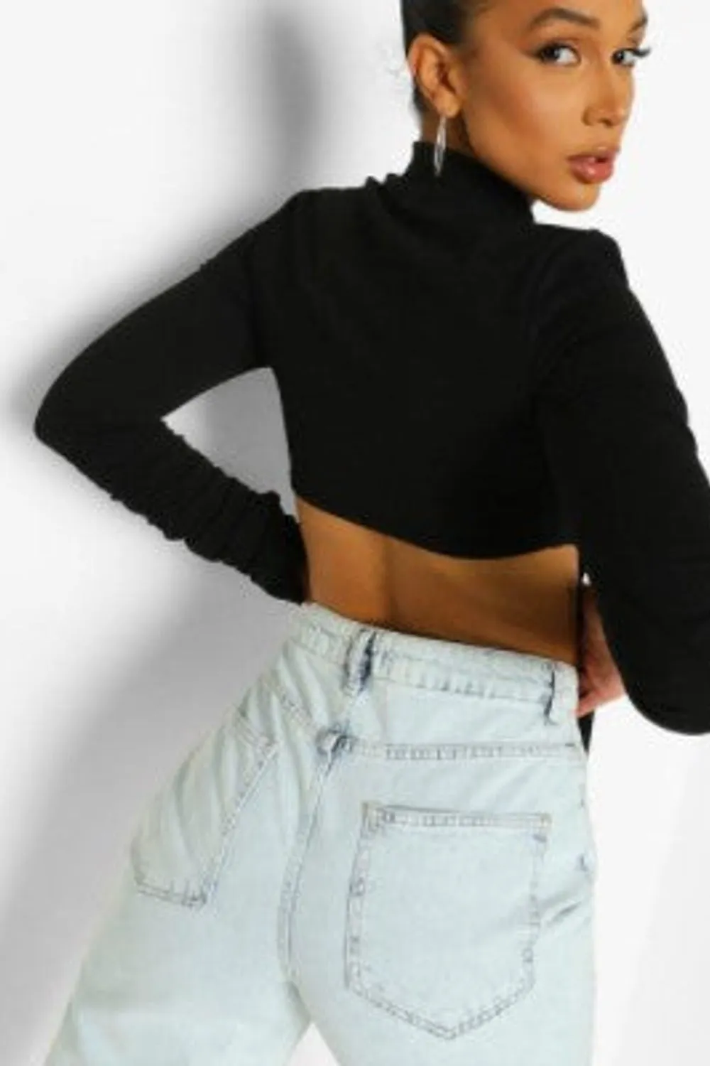 Black High Neck Strap Detail Crop Top