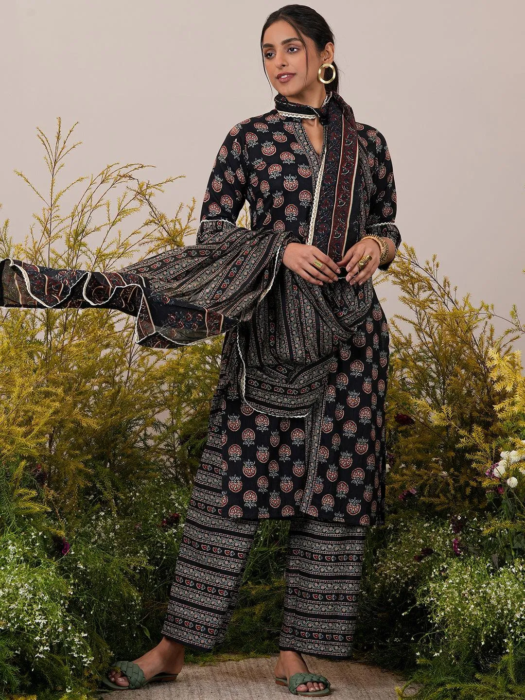 Black Printed Cotton Straight Suit With Dupatta