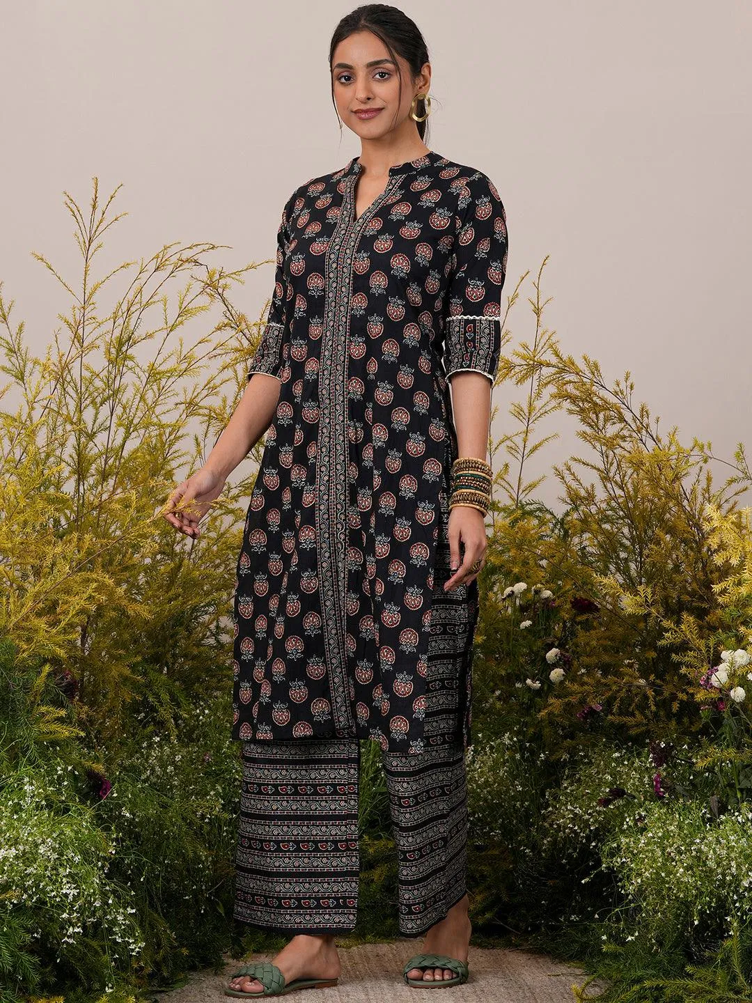 Black Printed Cotton Straight Suit With Dupatta