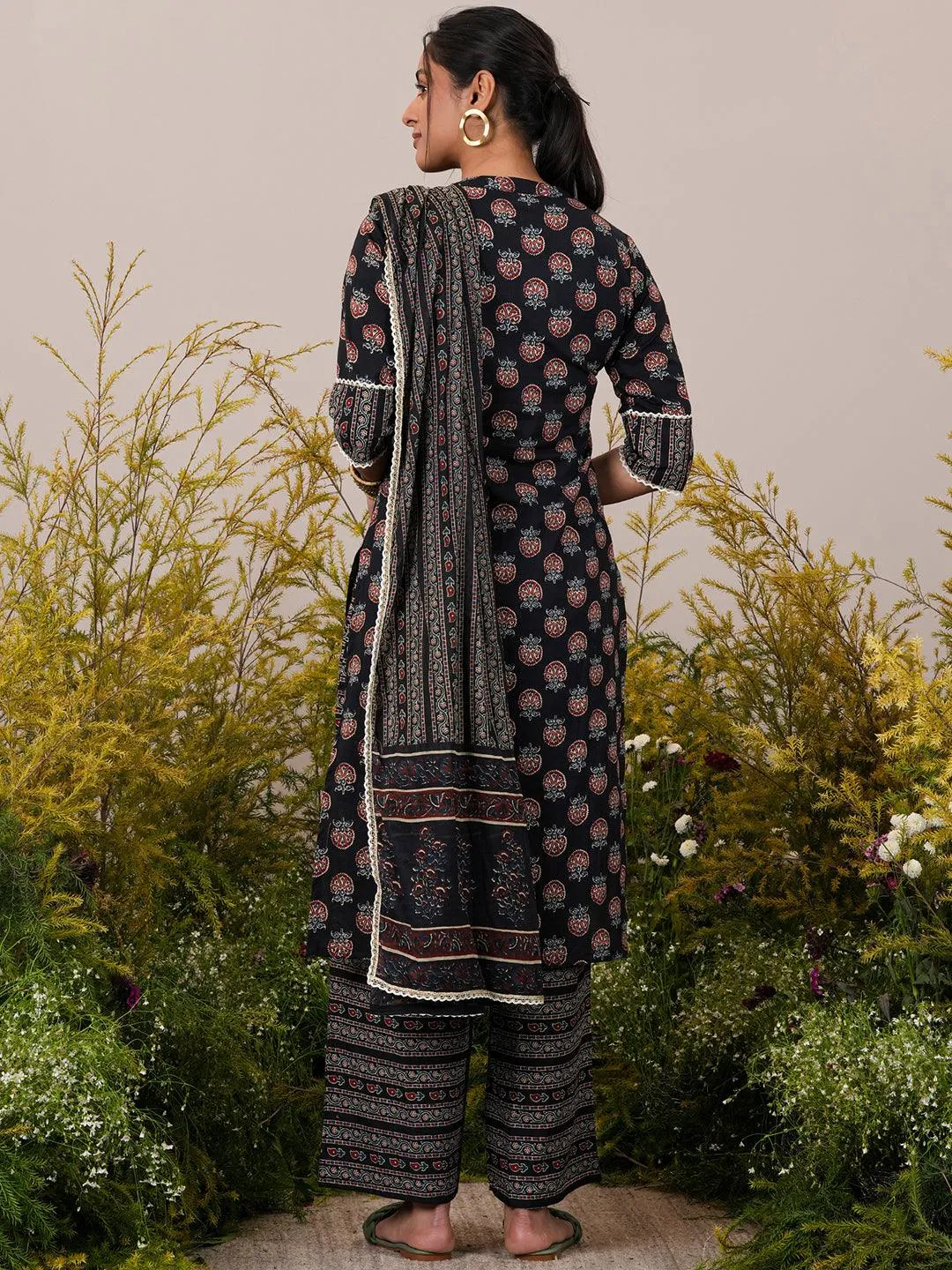 Black Printed Cotton Straight Suit With Dupatta