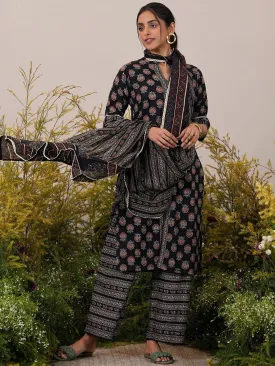 Black Printed Cotton Straight Suit With Dupatta