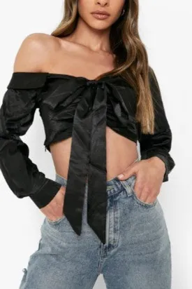 Black Satin Off The Shoulder Tie Front Shirt