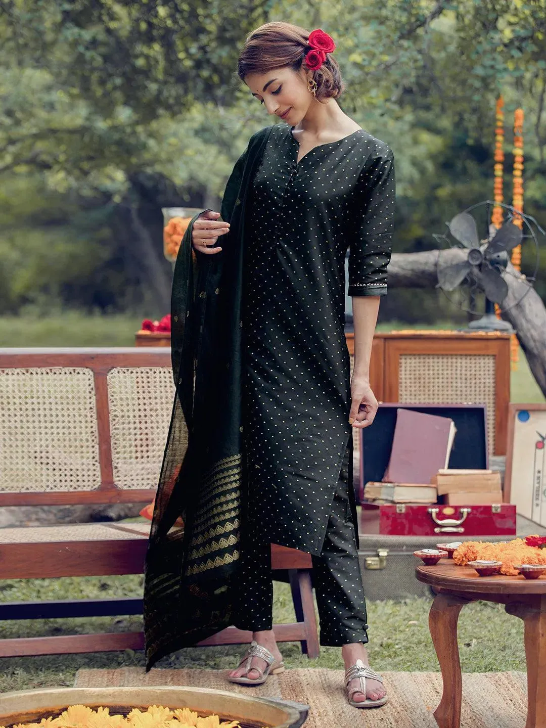 Black Self Design Art Silk Straight Kurta With Trousers & Dupatta