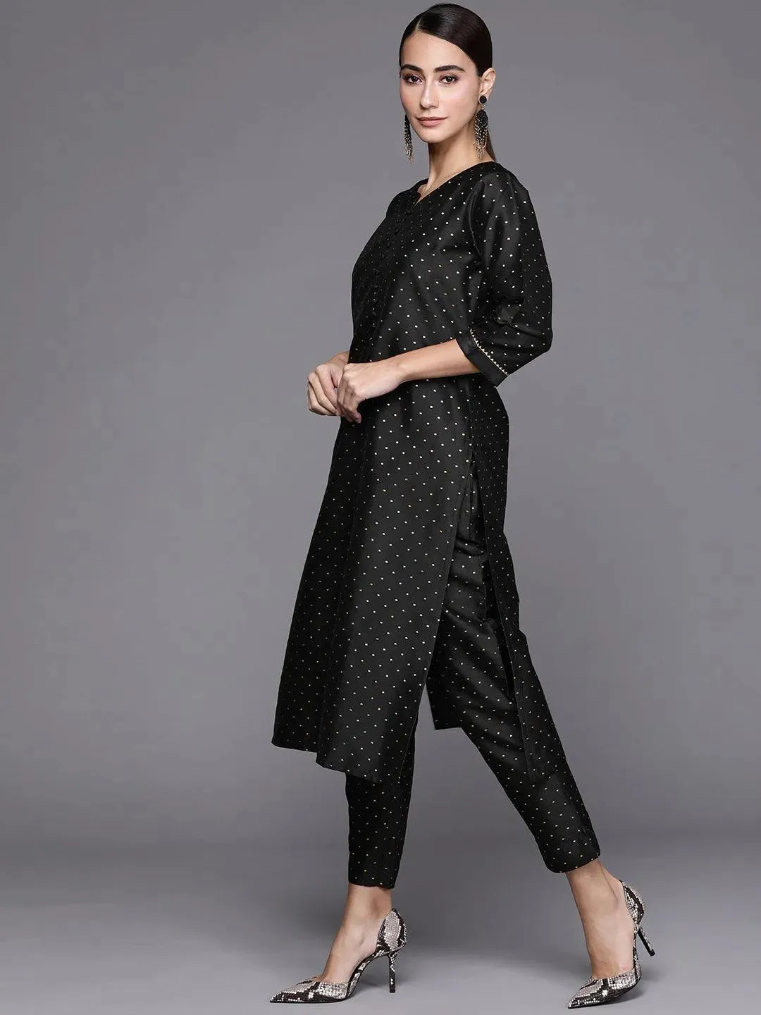 Black Self Design Art Silk Straight Kurta With Trousers & Dupatta