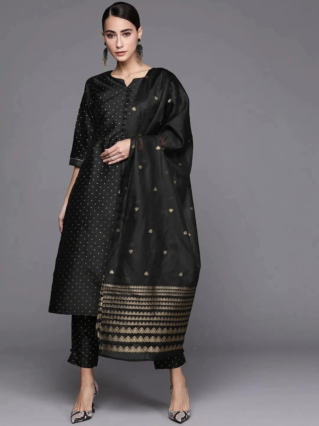 Black Self Design Art Silk Straight Kurta With Trousers & Dupatta