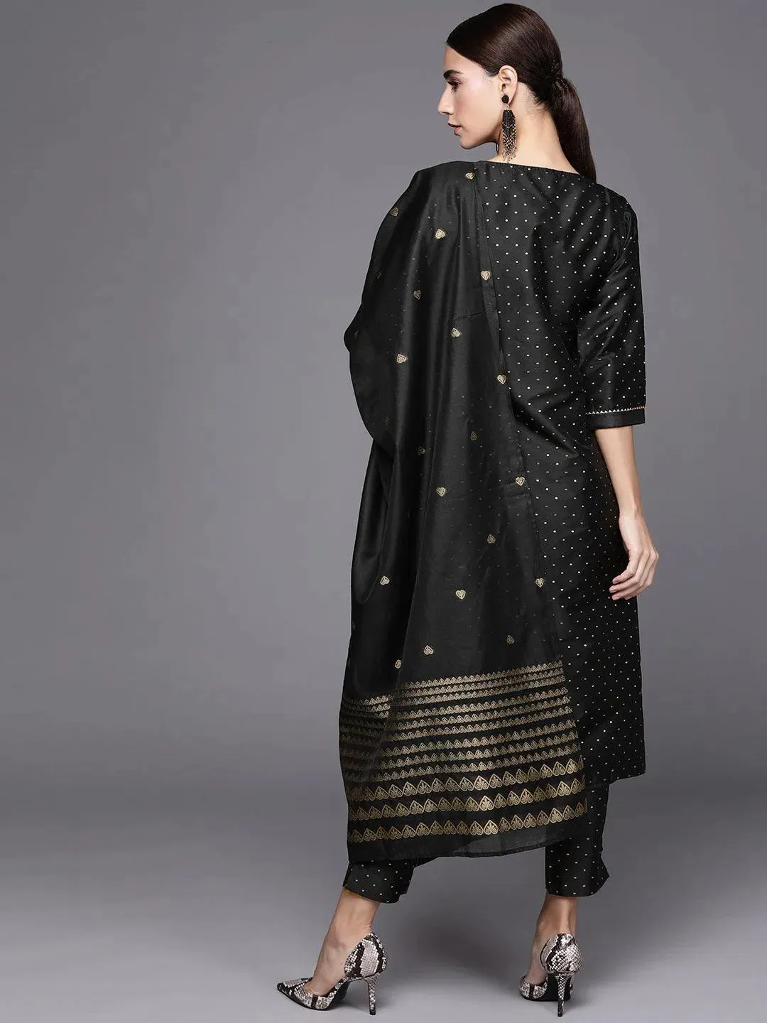 Black Self Design Art Silk Straight Kurta With Trousers & Dupatta