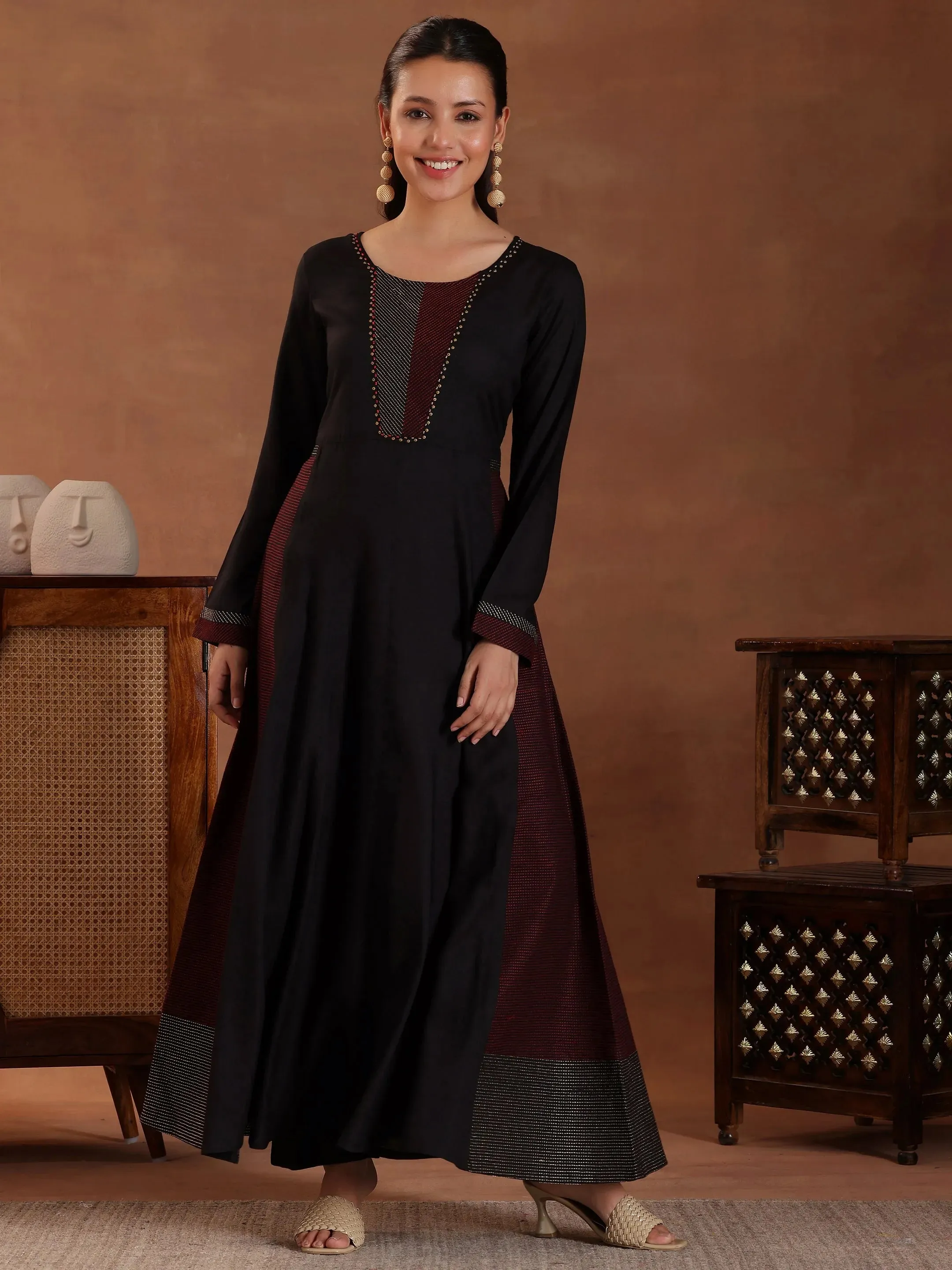 Black Self Design Pure Cotton A-Line Kurta With Trousers