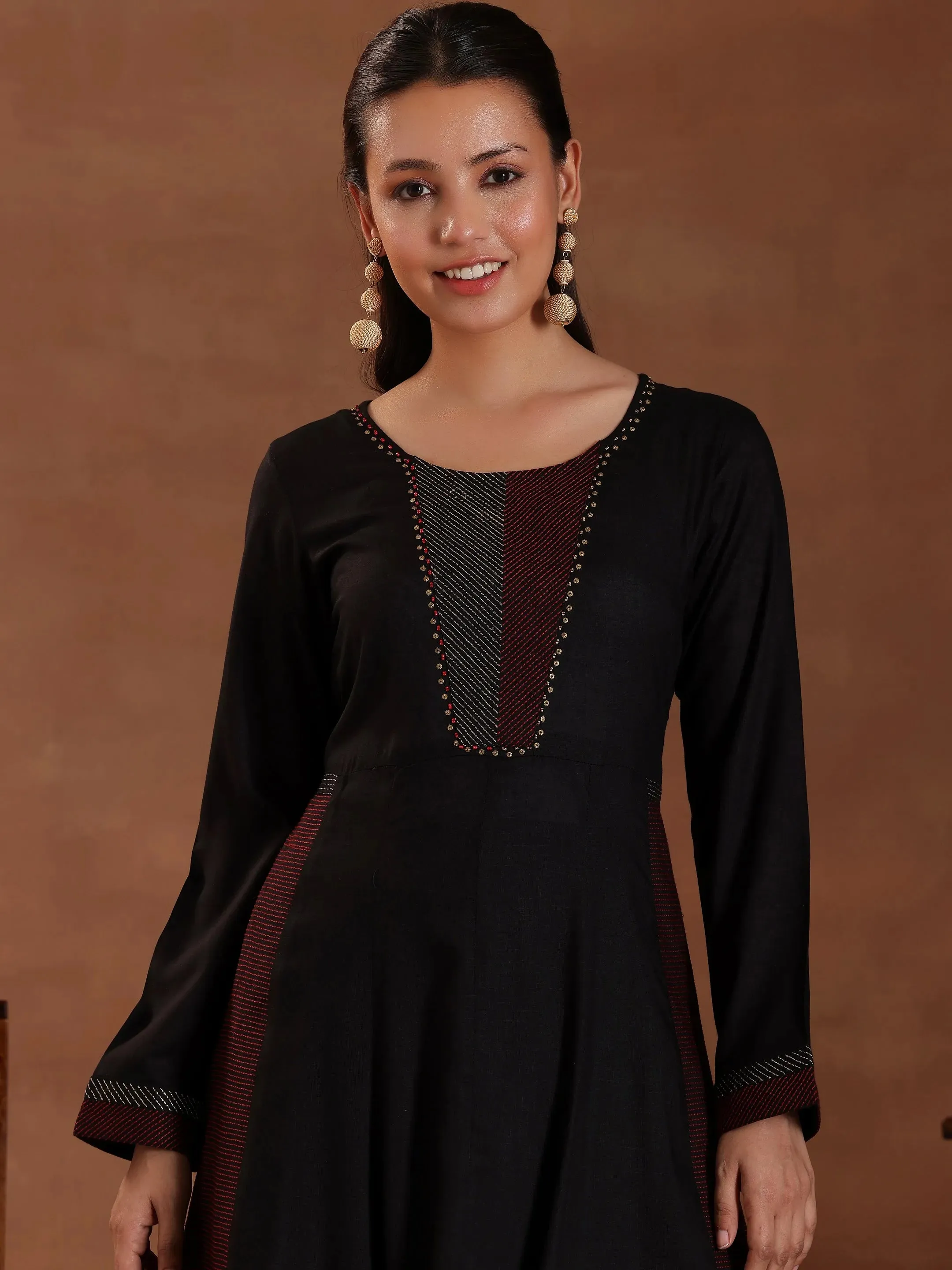 Black Self Design Pure Cotton A-Line Kurta With Trousers