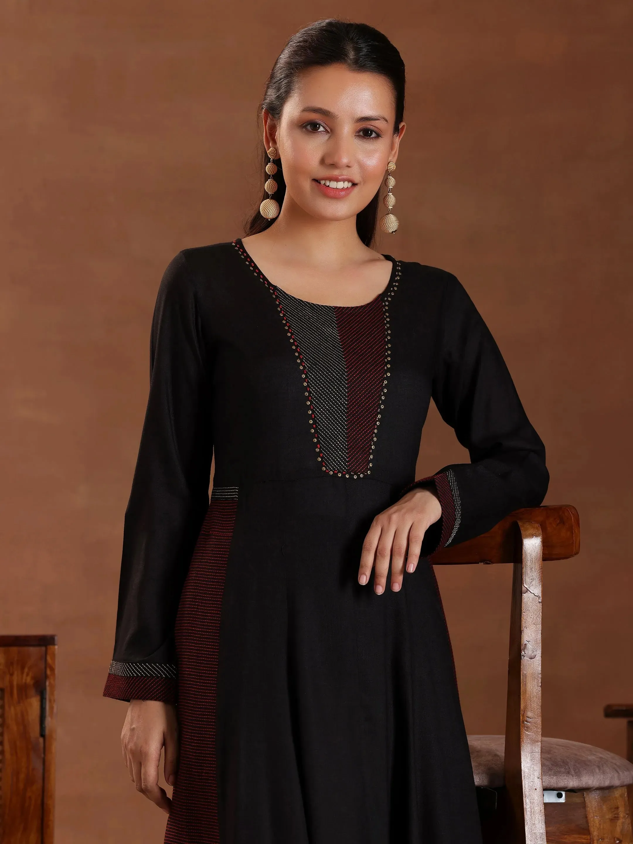 Black Self Design Pure Cotton A-Line Kurta With Trousers