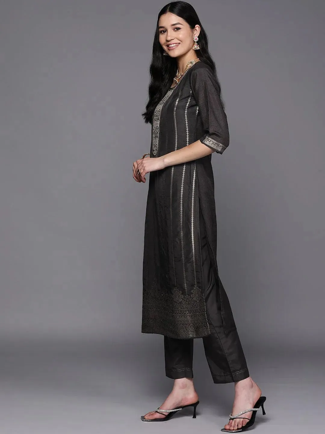 Black Self Design Silk Straight Kurta With Trousers & Dupatta