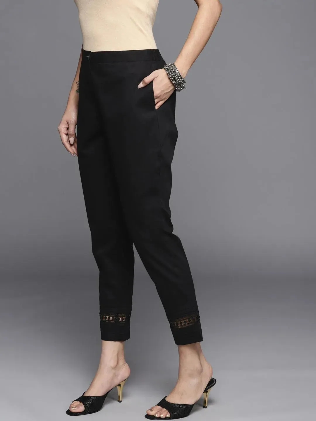 Black Solid Cotton Trousers