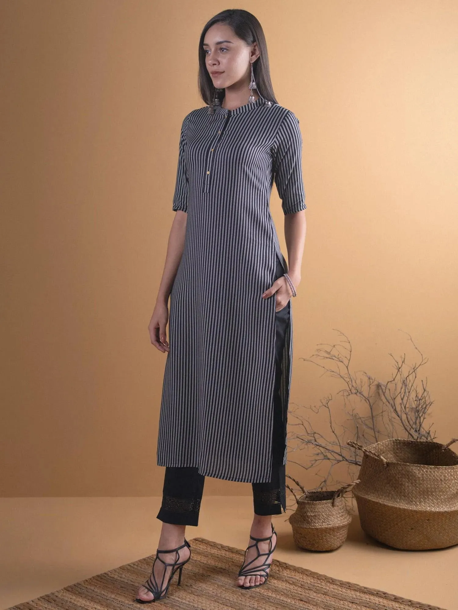 Black Striped Rayon Kurta