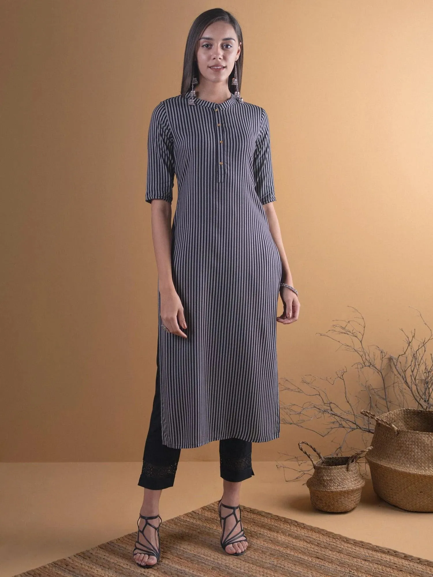 Black Striped Rayon Kurta