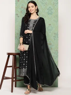 Black Woven Design Silk Blend Pakistani Suit