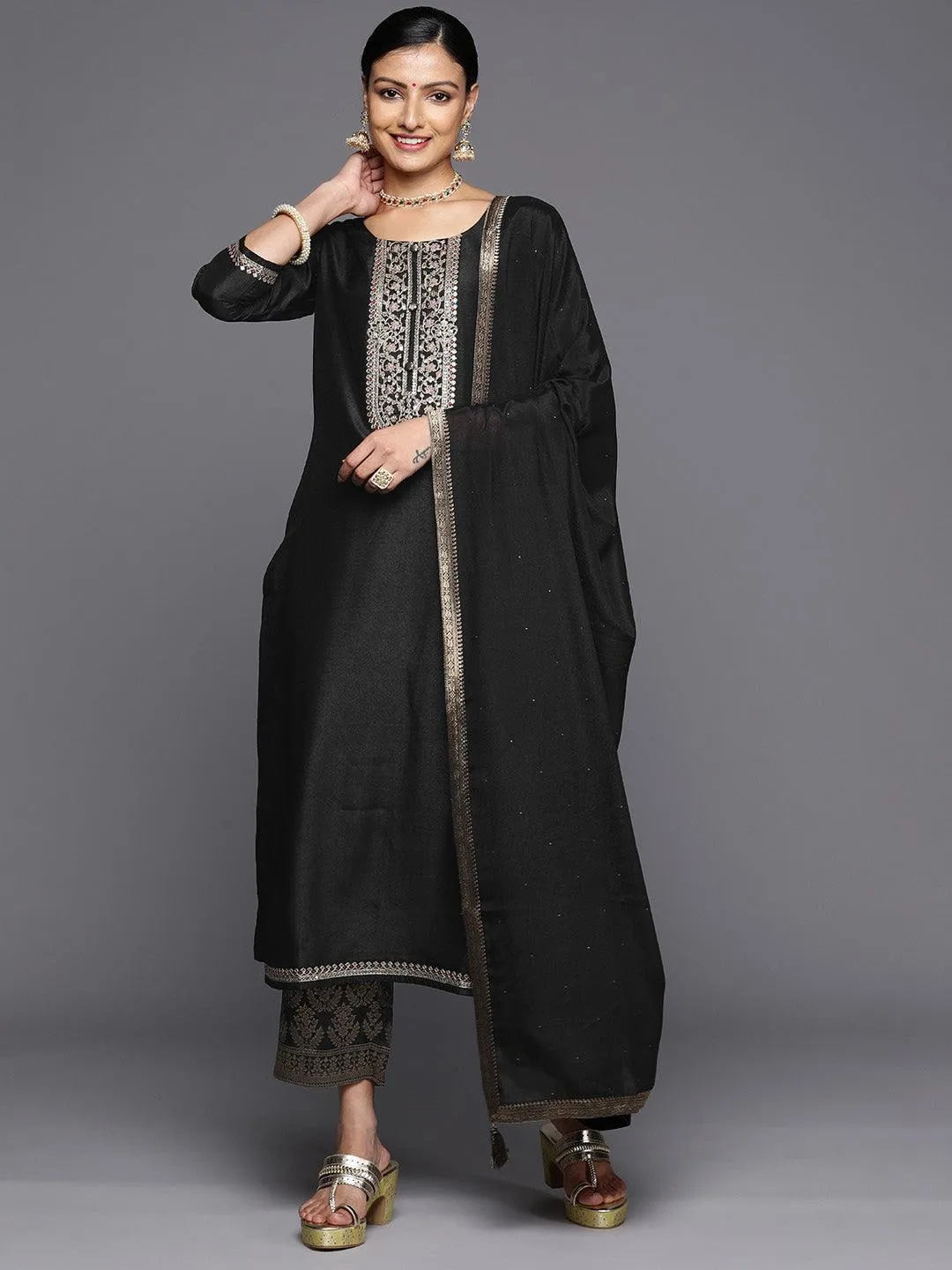 Black Yoke Design Silk Blend Straight Kurta With Trousers & Dupatta