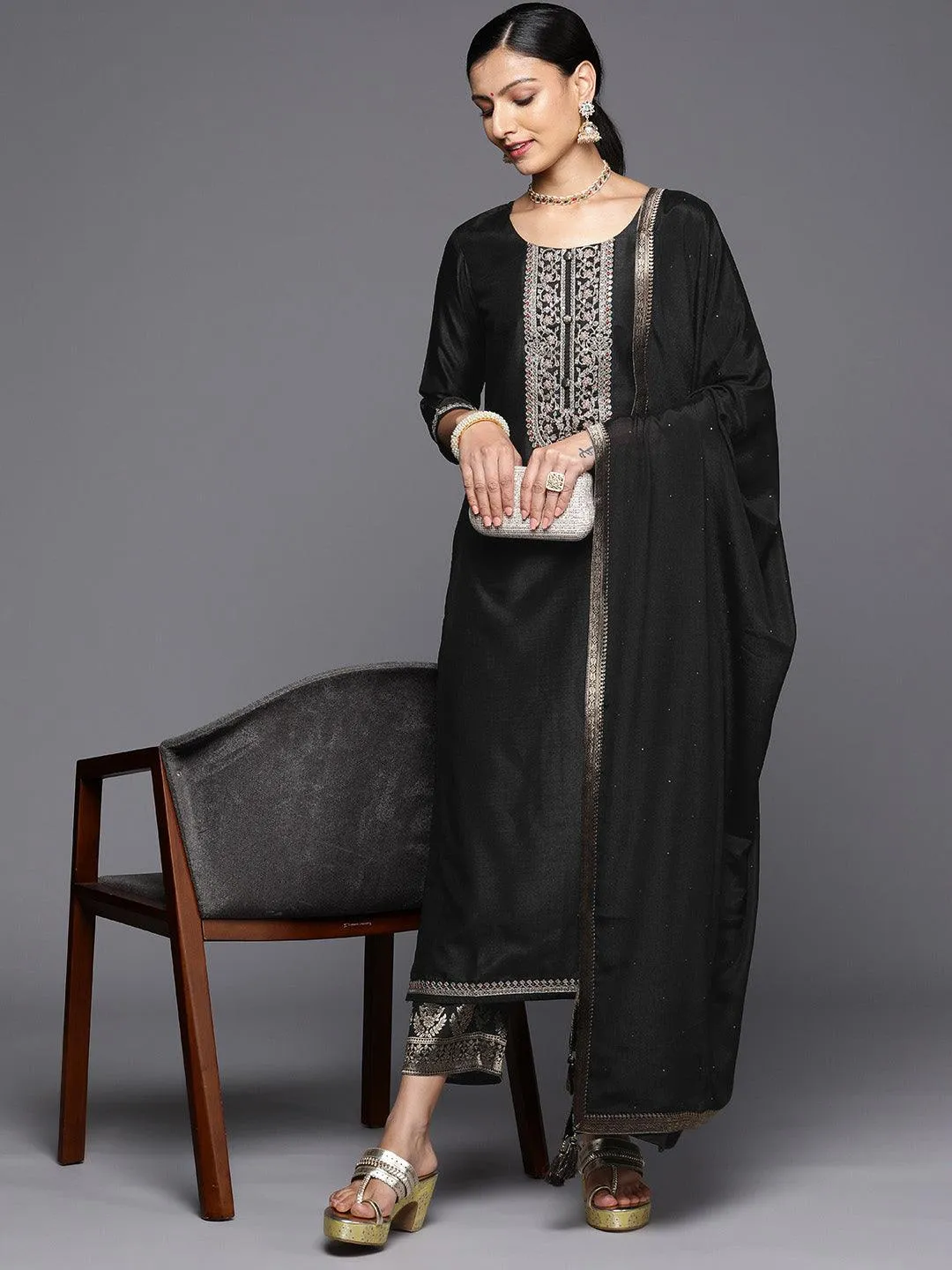 Black Yoke Design Silk Blend Straight Kurta With Trousers & Dupatta