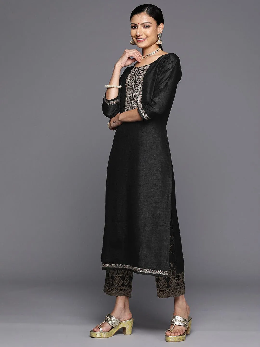 Black Yoke Design Silk Blend Straight Kurta With Trousers & Dupatta