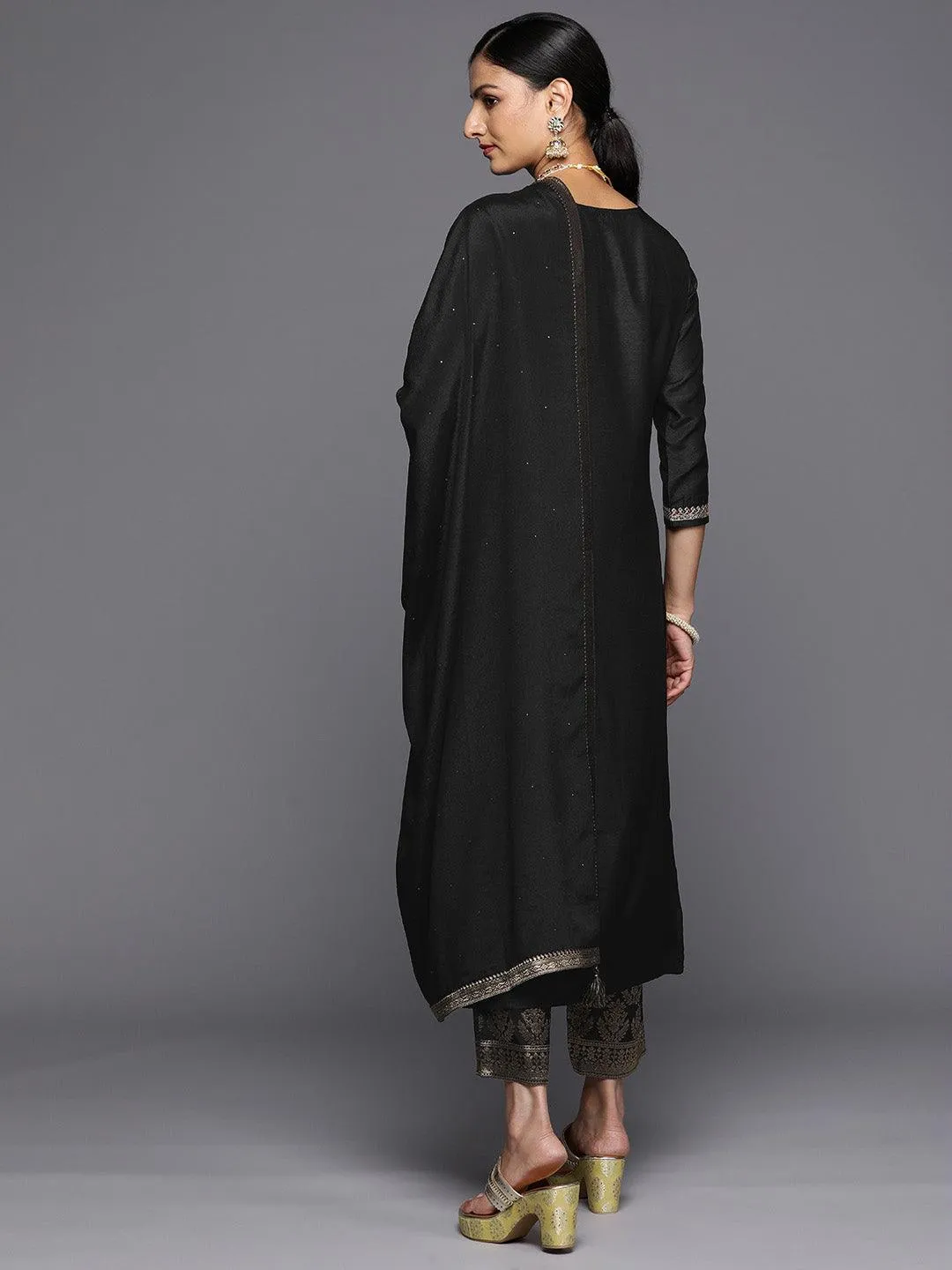 Black Yoke Design Silk Blend Straight Kurta With Trousers & Dupatta