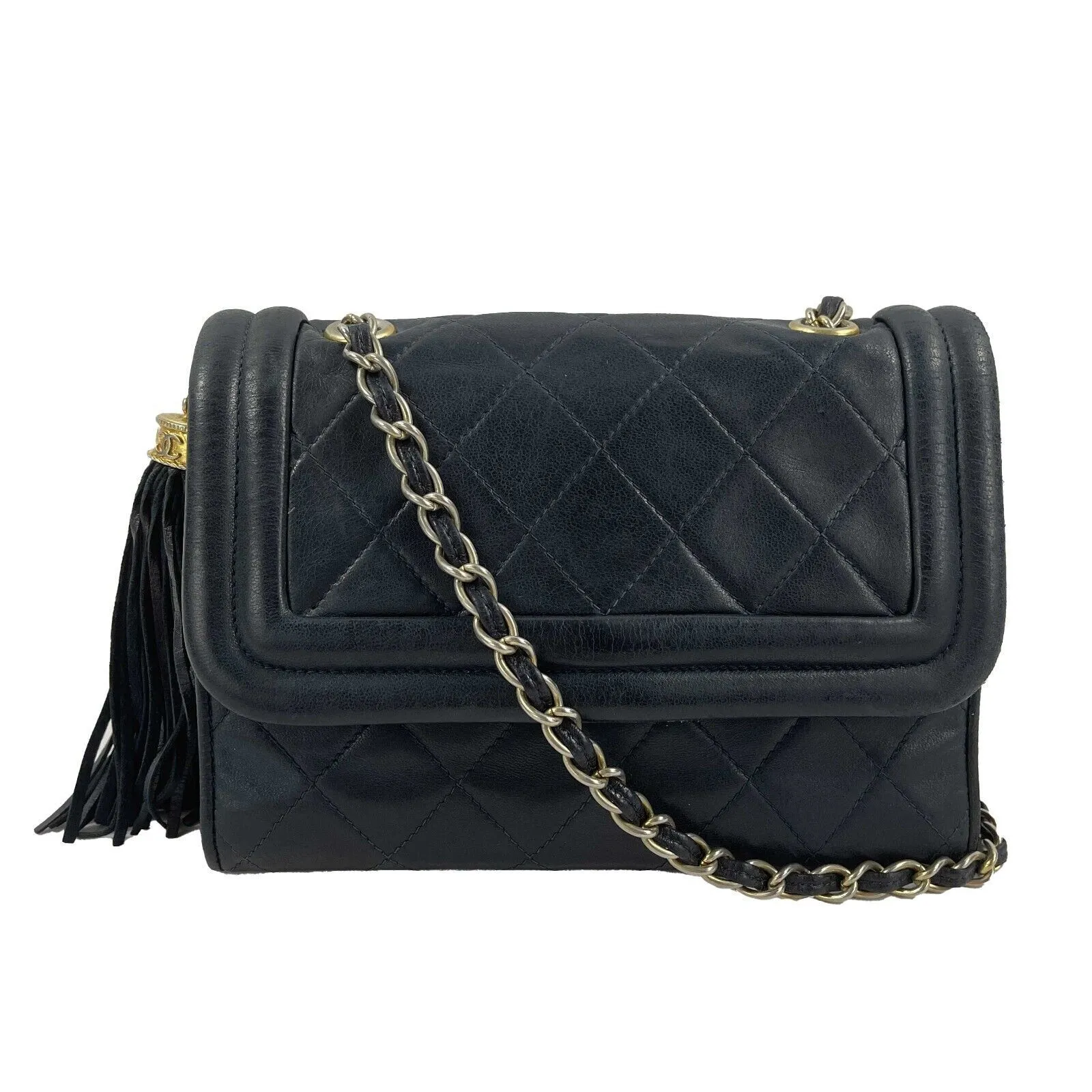 CHANEL - 1990s Diamond Quilted Navy CC Tassel Small Shoulder Bag / Crossbody