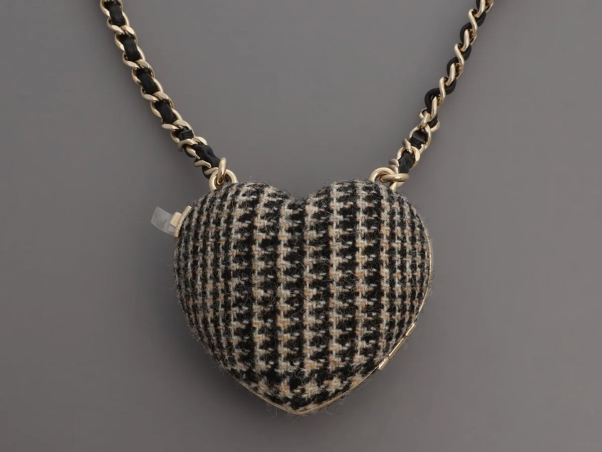 Chanel Black and Beige Tweed Heart Locket Necklace