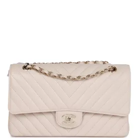 Chanel Medium Classic Double Flap Bag Beige Chevron Caviar Light Gold Hardware