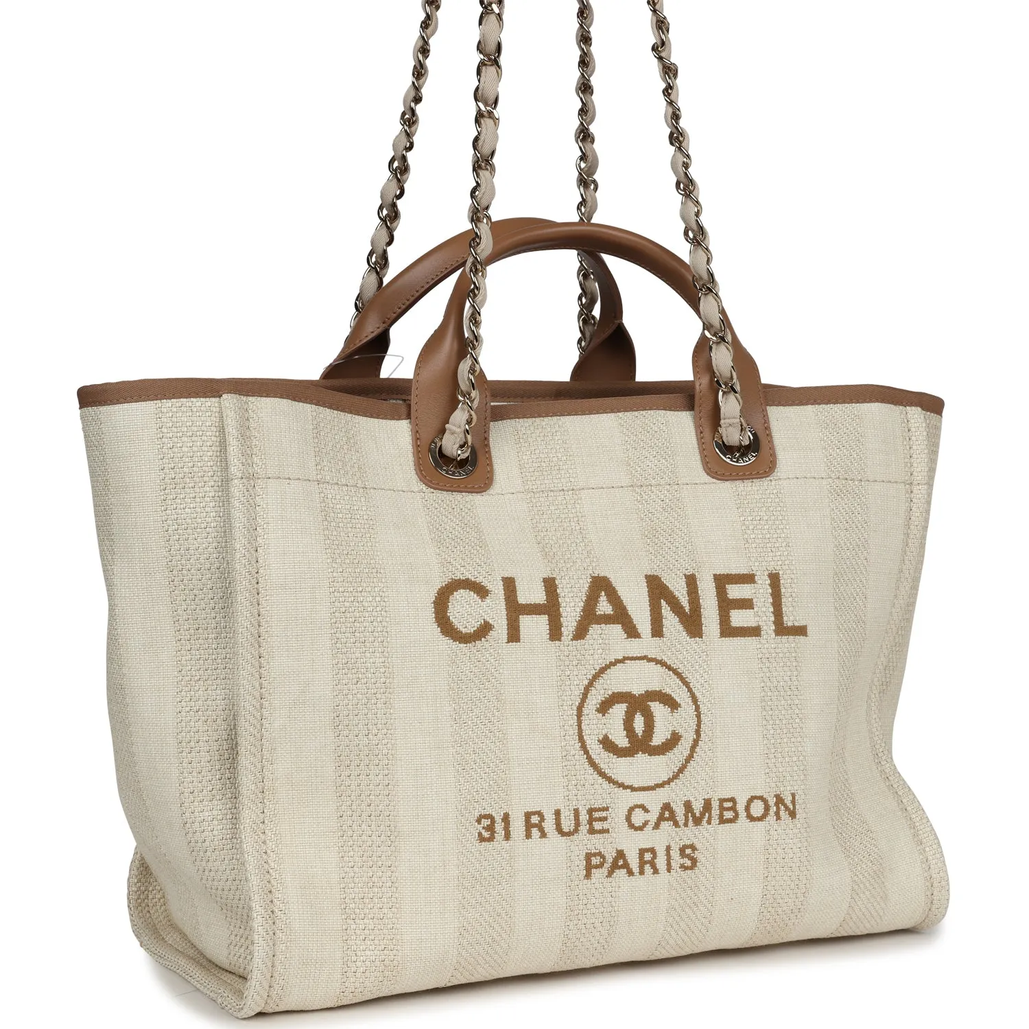 Chanel Medium Striped Deauville Shopping Tote Light Beige Raffia Light Gold Hardware