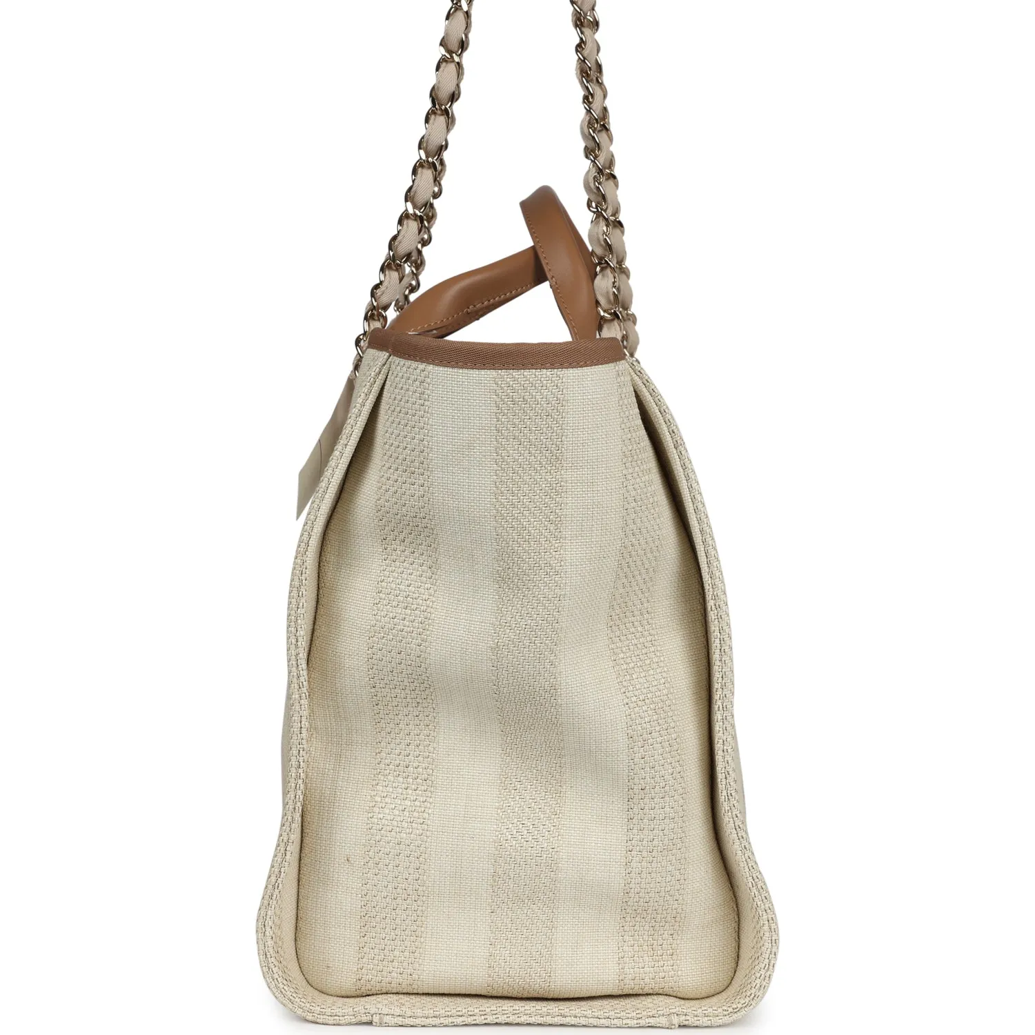 Chanel Medium Striped Deauville Shopping Tote Light Beige Raffia Light Gold Hardware