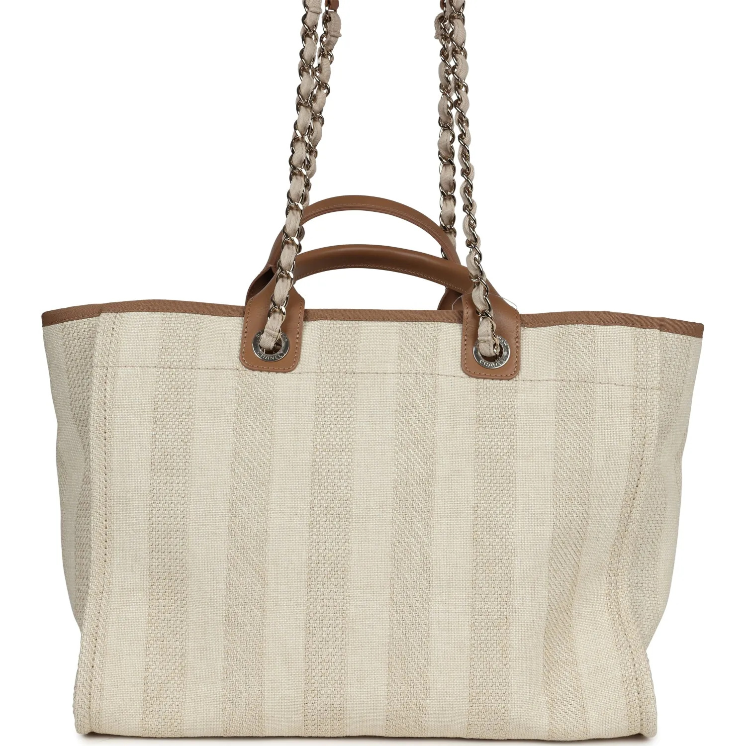 Chanel Medium Striped Deauville Shopping Tote Light Beige Raffia Light Gold Hardware