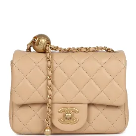 Chanel Mini Square Pearl Crush Flap Bag Beige Lambskin Aged Gold Hardware