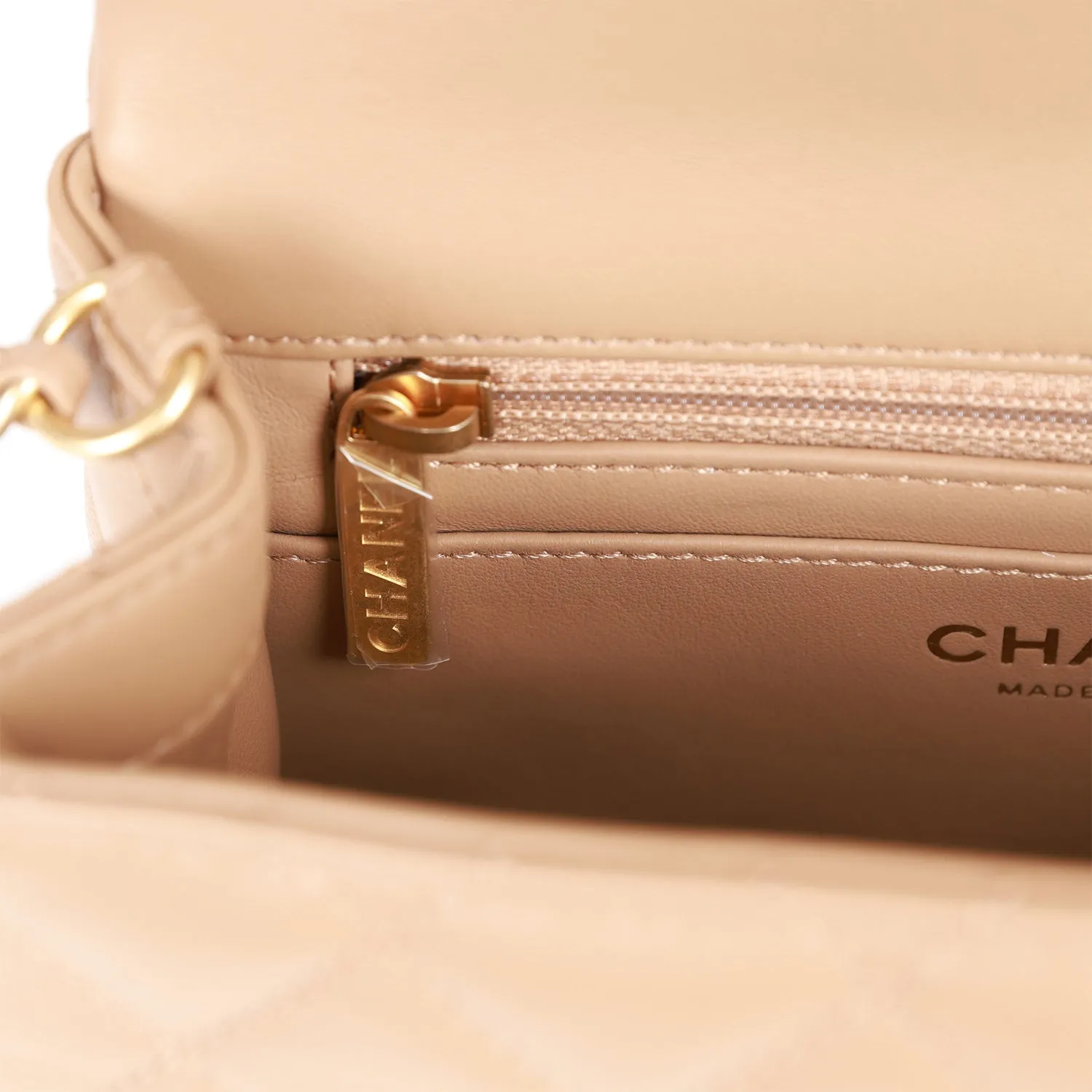 Chanel Pearl Crush Mini Square Flap Bag Beige Lambskin Antique Gold Hardware