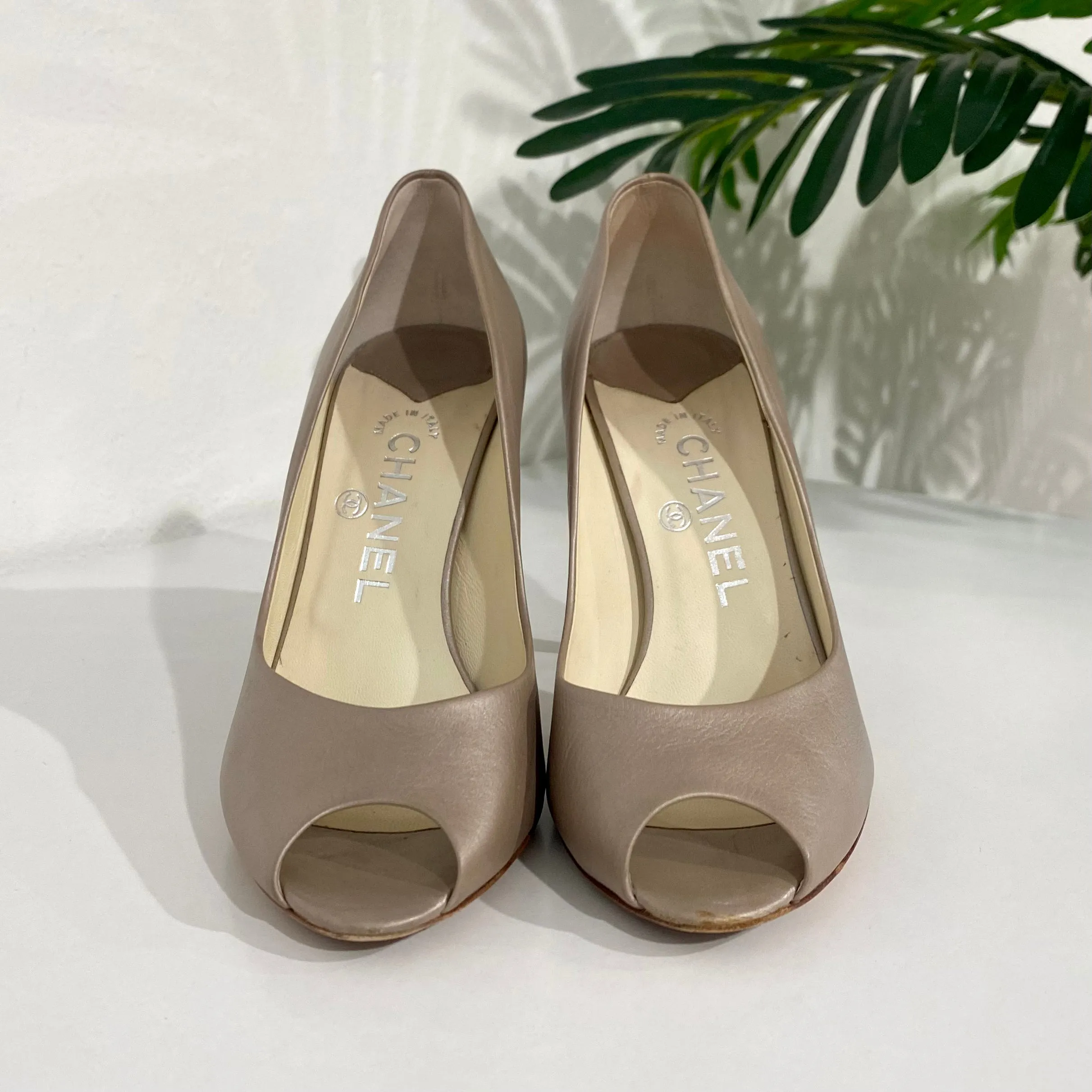 Chanel Taupe Peep Toe Heels