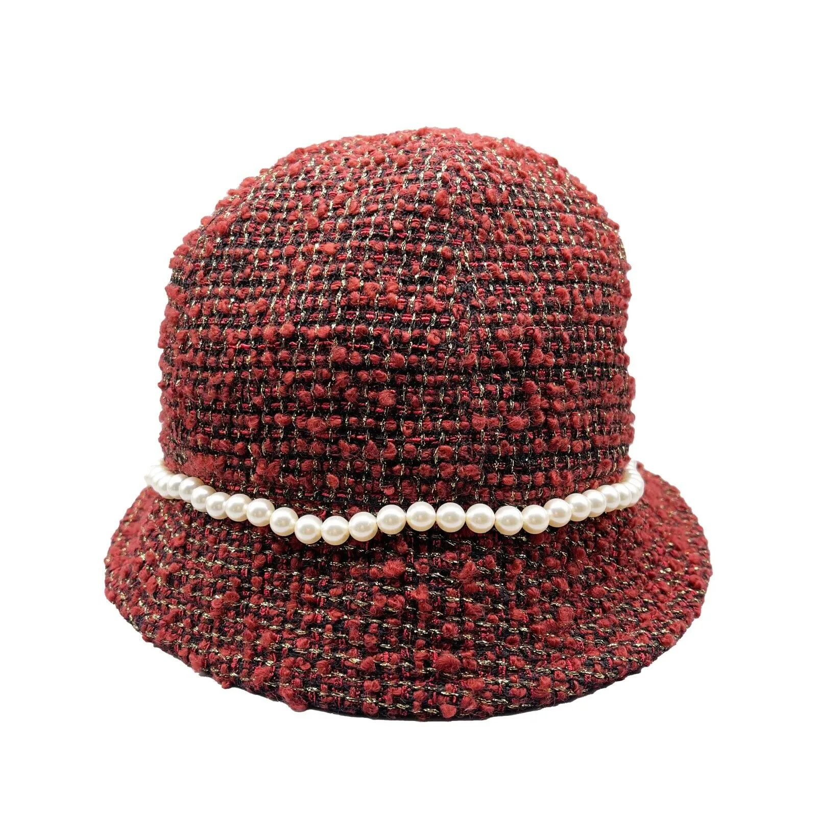 CHANEL - Tweed Boucle Bucket Hat - Pearls / Maroon / CC Logo - Size 57