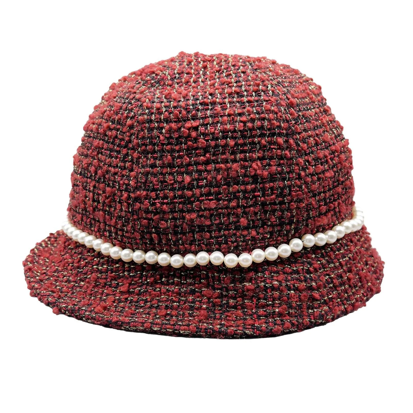 CHANEL - Tweed Boucle Bucket Hat - Pearls / Maroon / CC Logo - Size 57