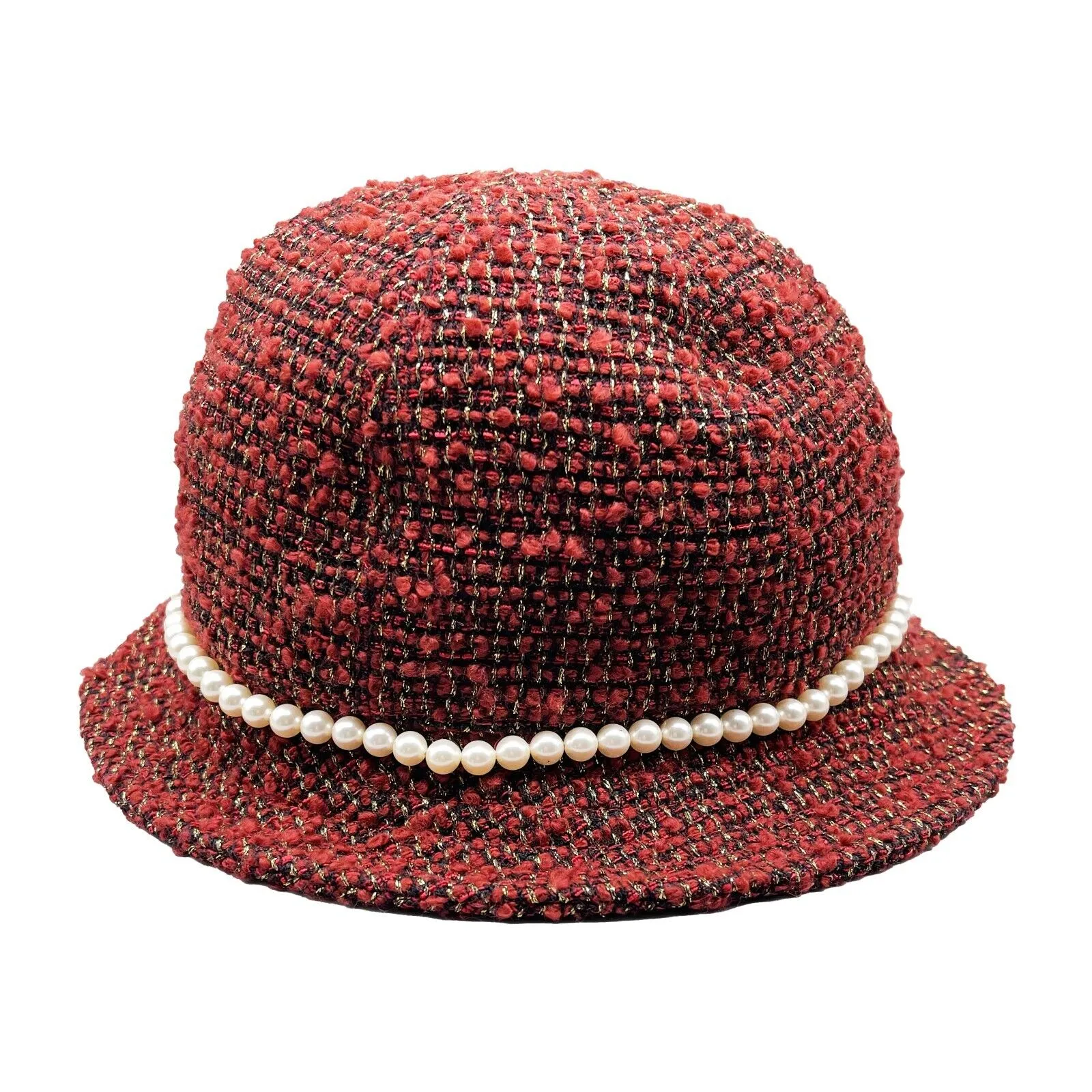 CHANEL - Tweed Boucle Bucket Hat - Pearls / Maroon / CC Logo - Size 57