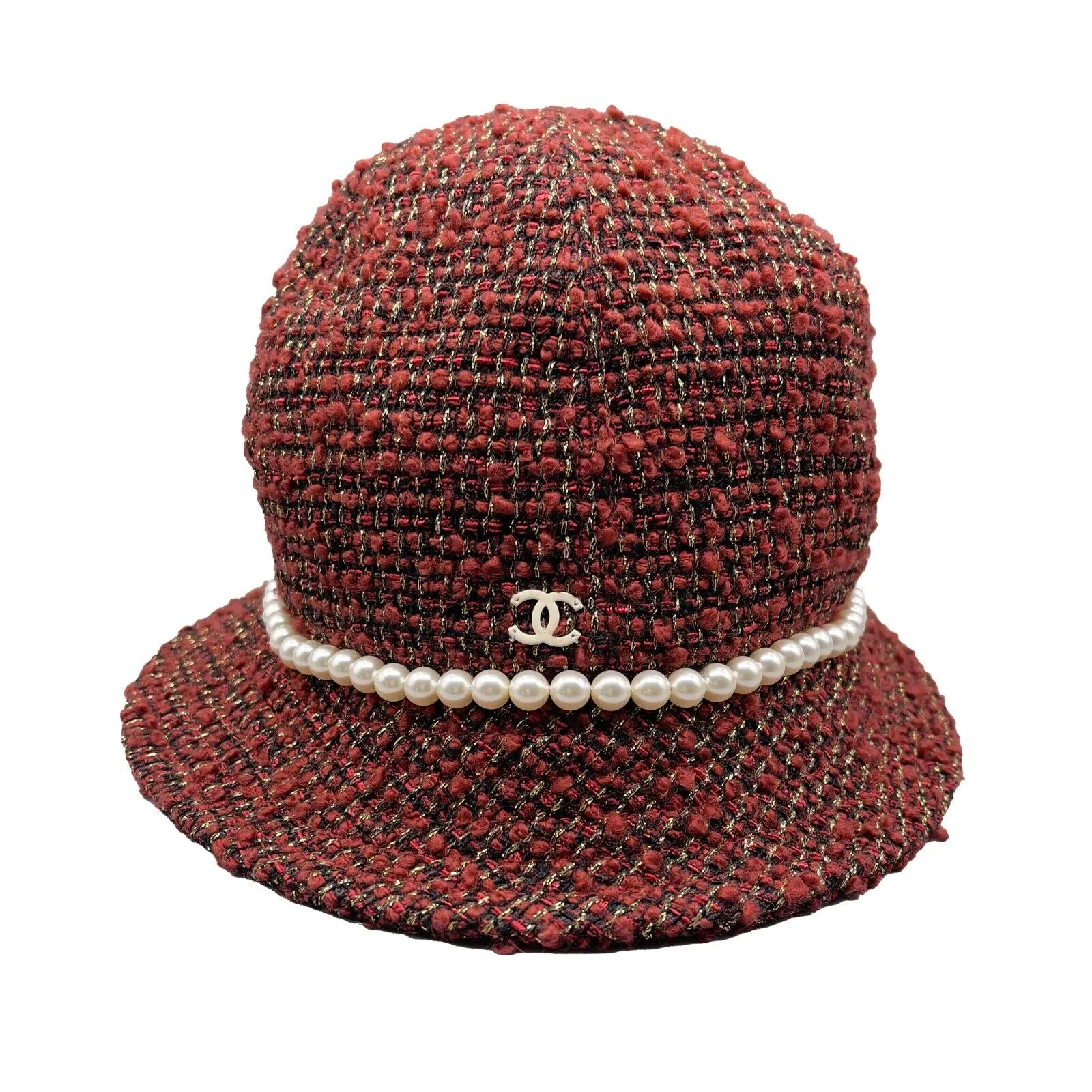 CHANEL - Tweed Boucle Bucket Hat - Pearls / Maroon / CC Logo - Size 57