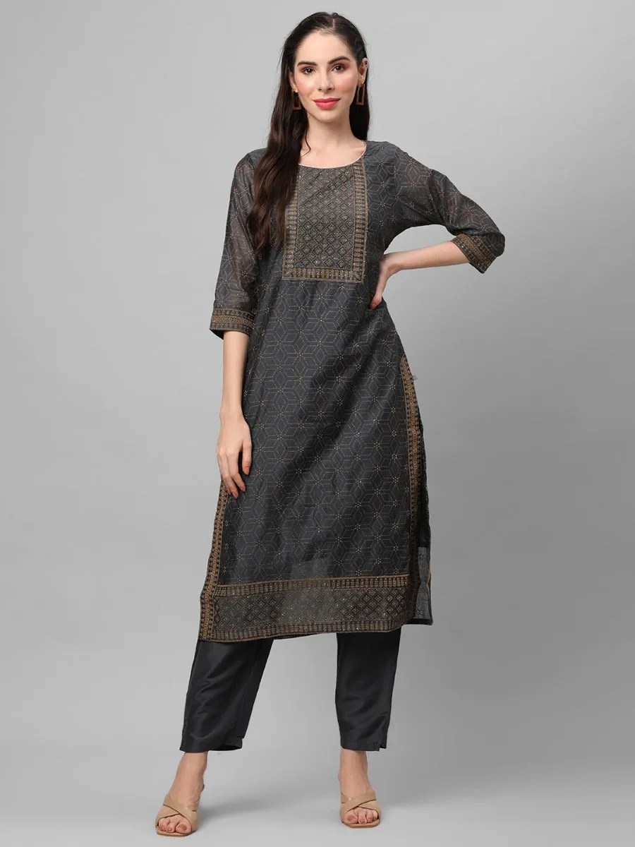 Charcoal Grey Ornamental Printed Kurta With Trouser