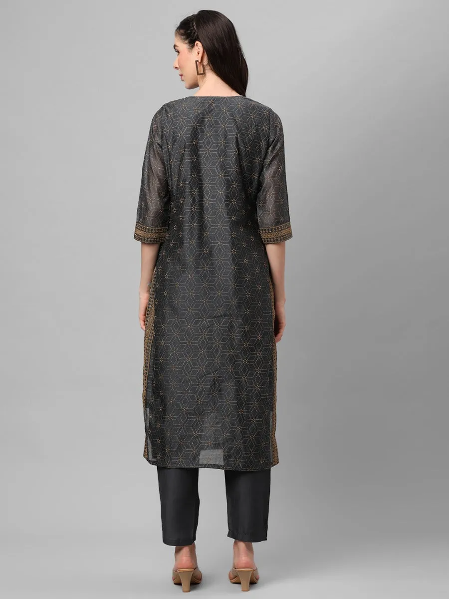 Charcoal Grey Ornamental Printed Kurta With Trouser