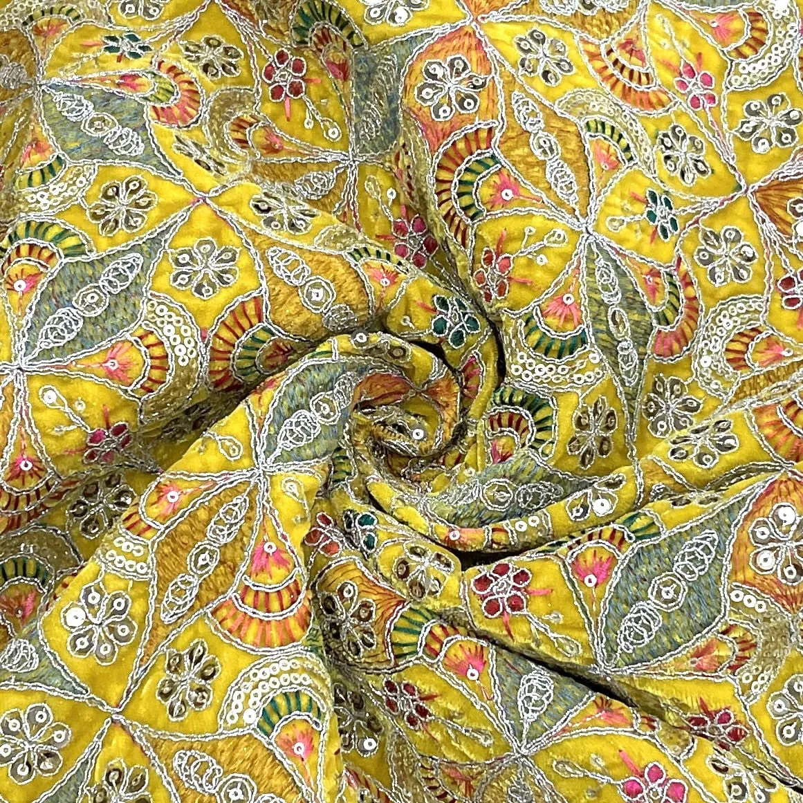 Classic Yellow Traditional Sequins Embroidery Velvet Fabric