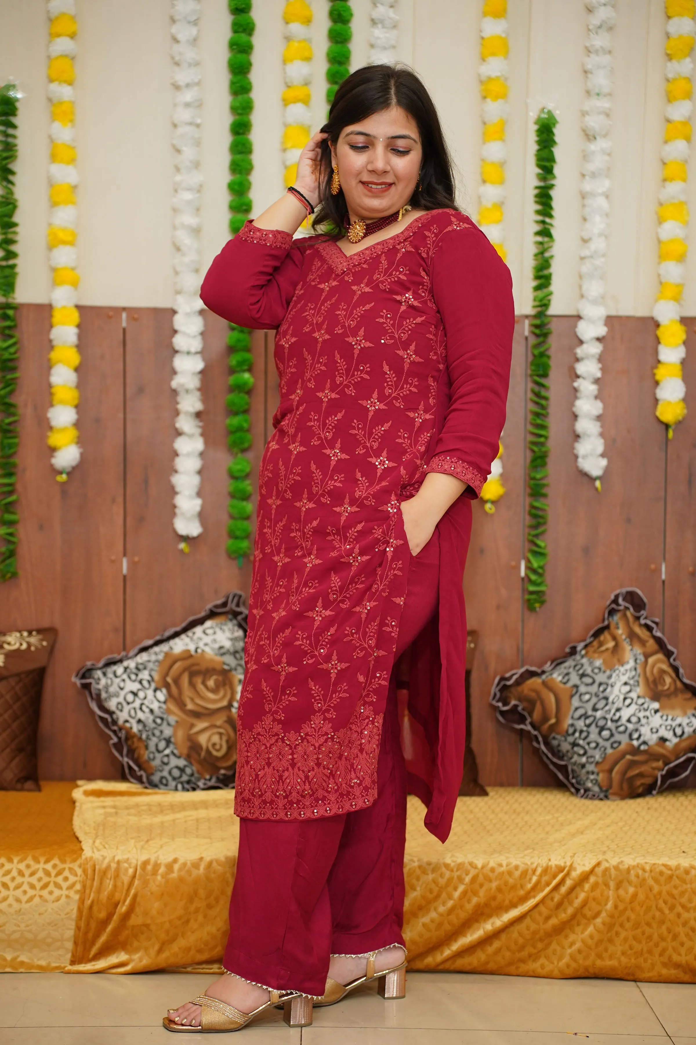 Deep Maroon Sequined Suit Set