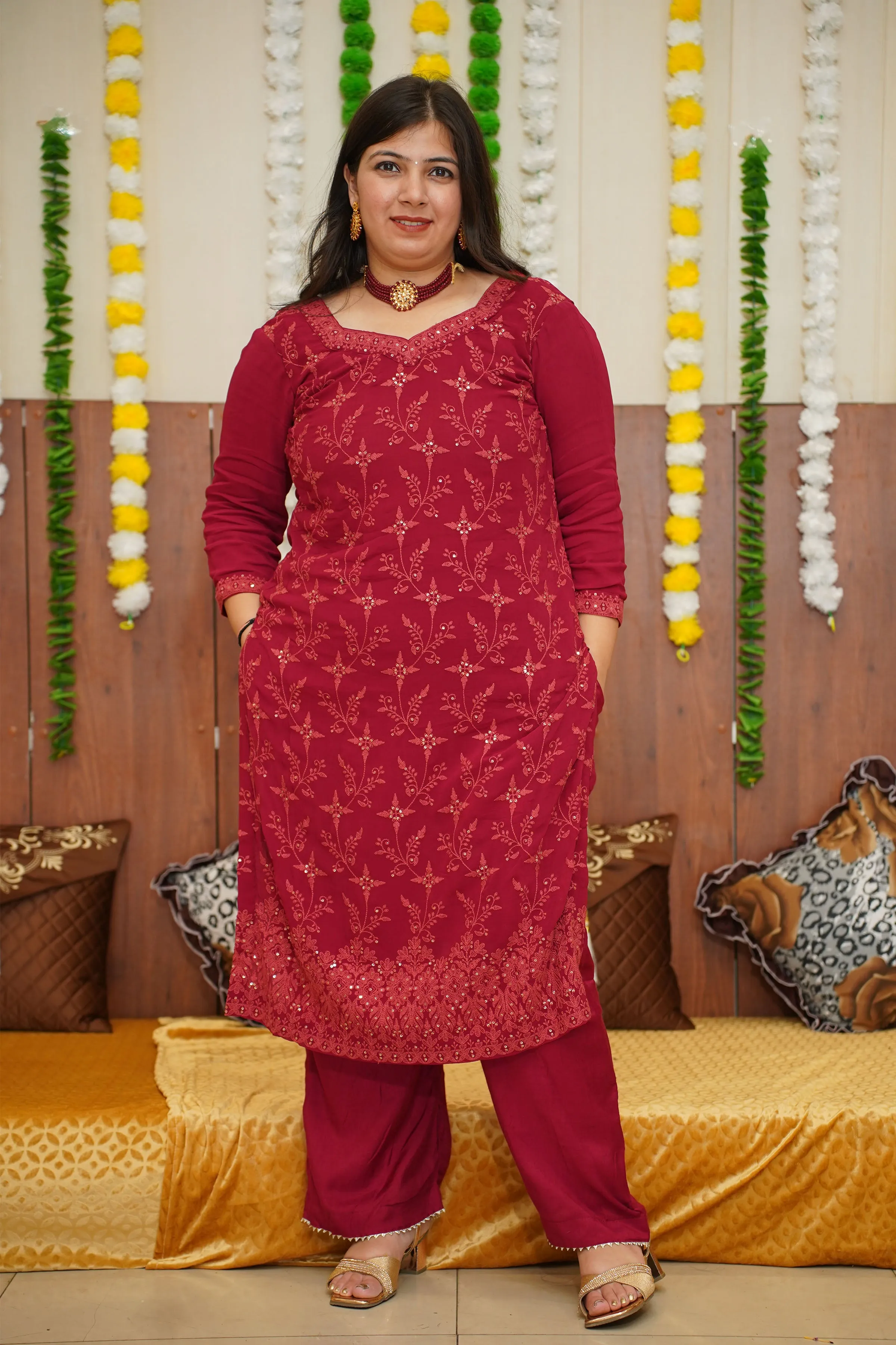 Deep Maroon Sequined Suit Set