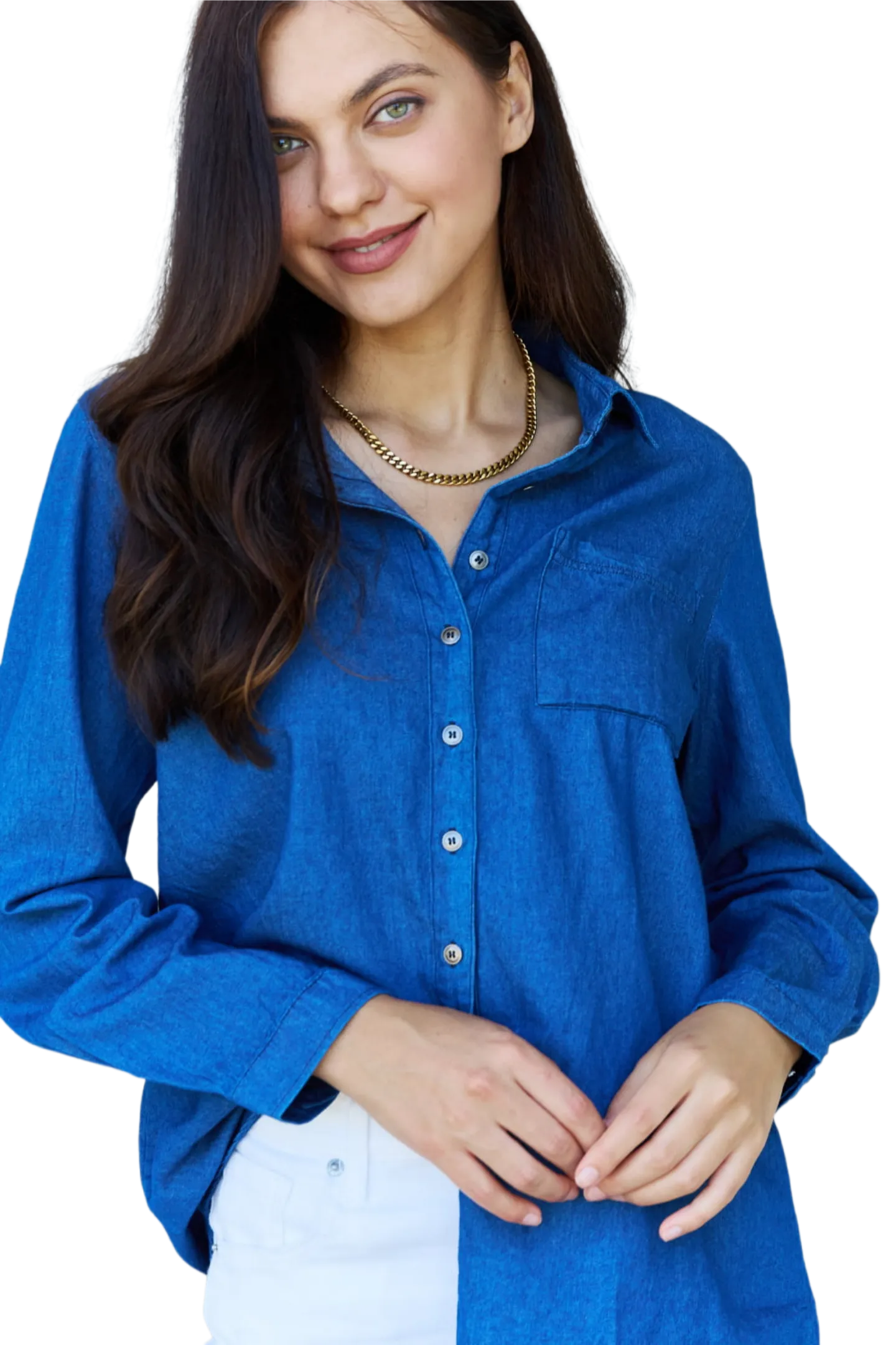 Doublju Blue Jean Baby Denim Button Down Shirt Top in Dark Blue