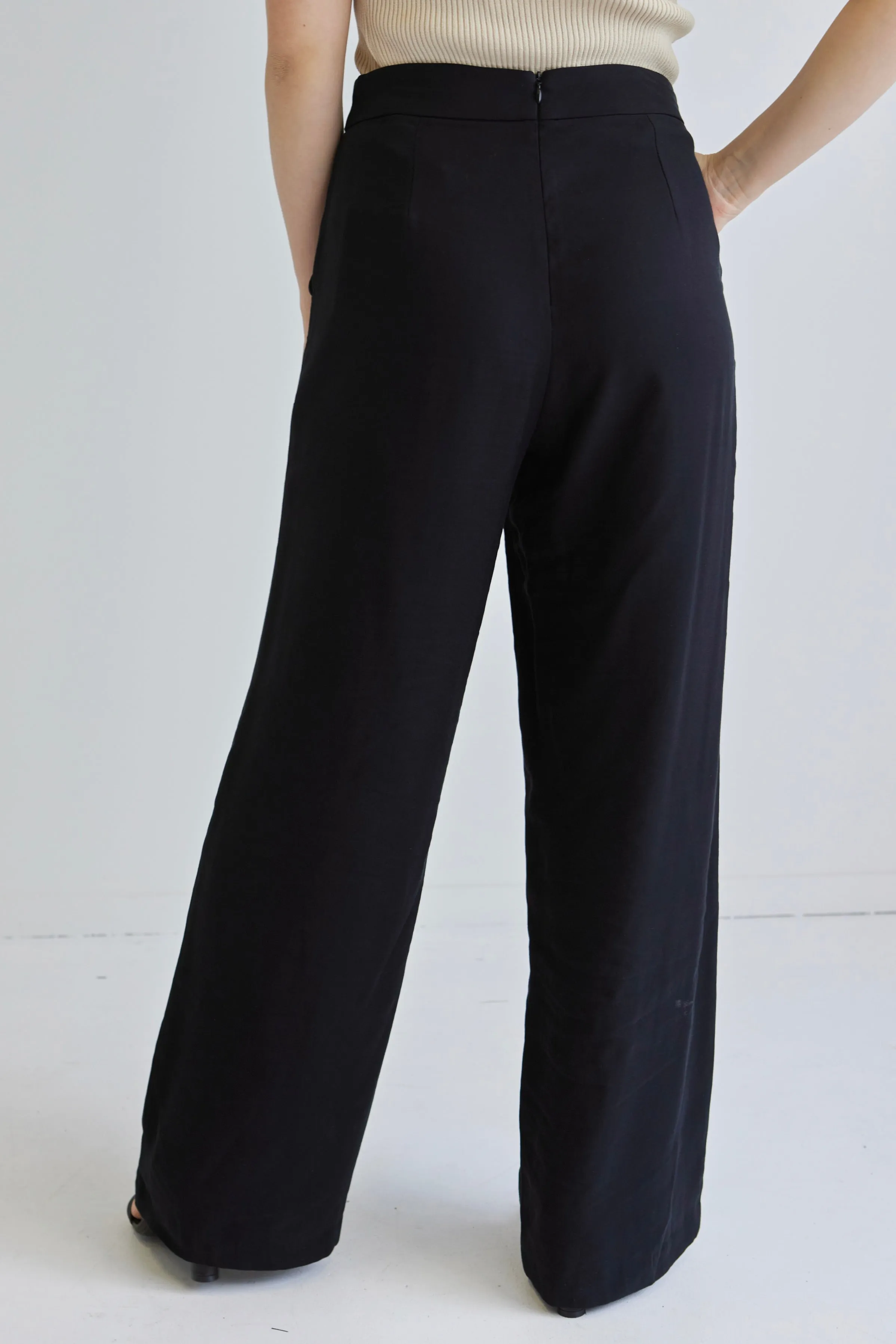 Effortless Black Viscose Deep Band Wide Leg Pant