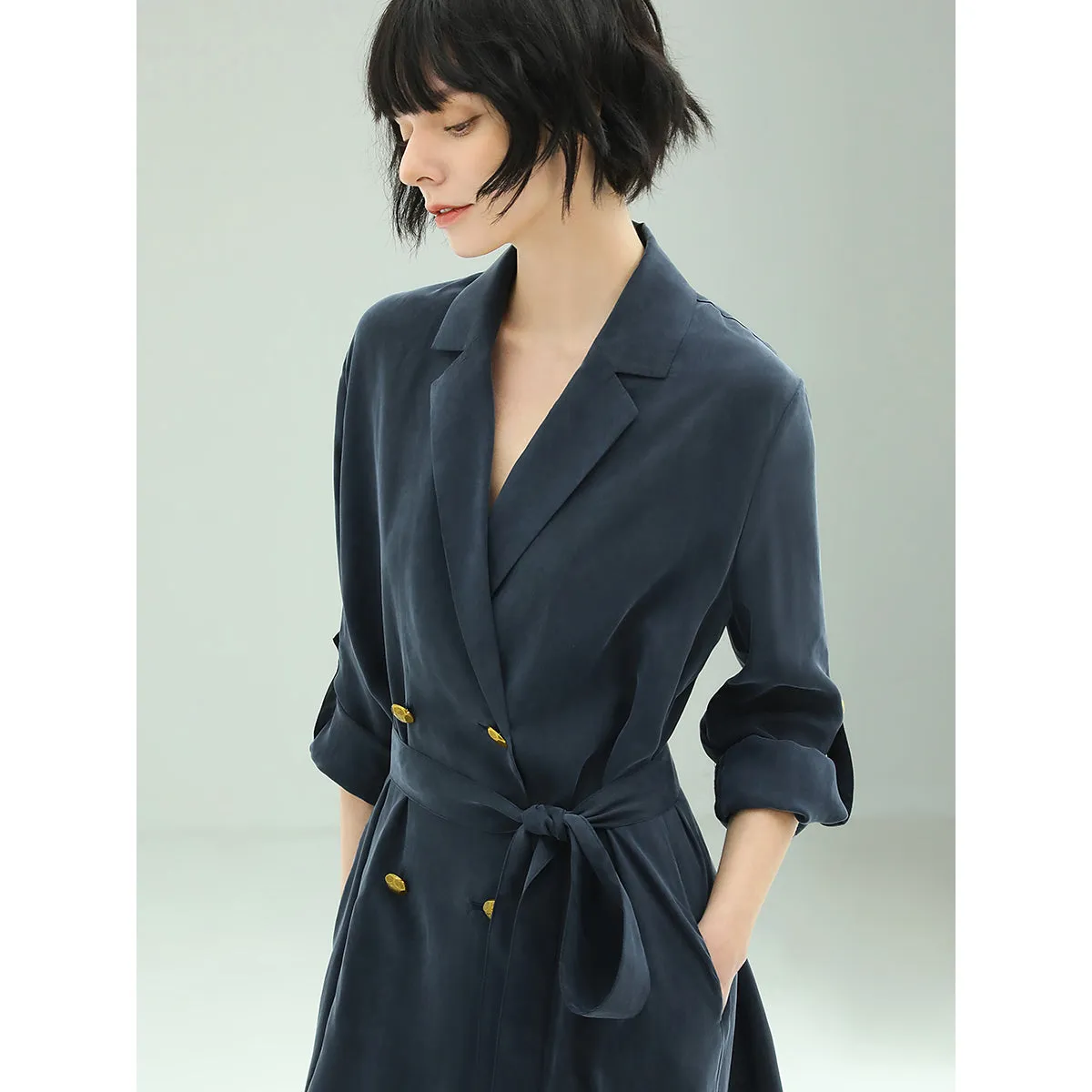 Elite Double Breasted Silk Drape Navy Blazer Dress