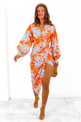 Its Not Over - Orange Pale Blue Tropical Print Gathered Midi Dress