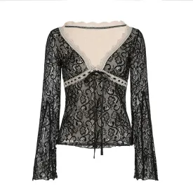 Lace Tie-Front Bell Sleeve Top