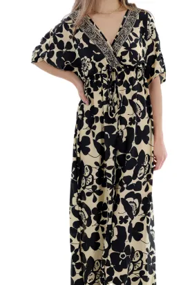 Long Flowy Floral 'Amalia' Maxi Dress in Black/Ivory