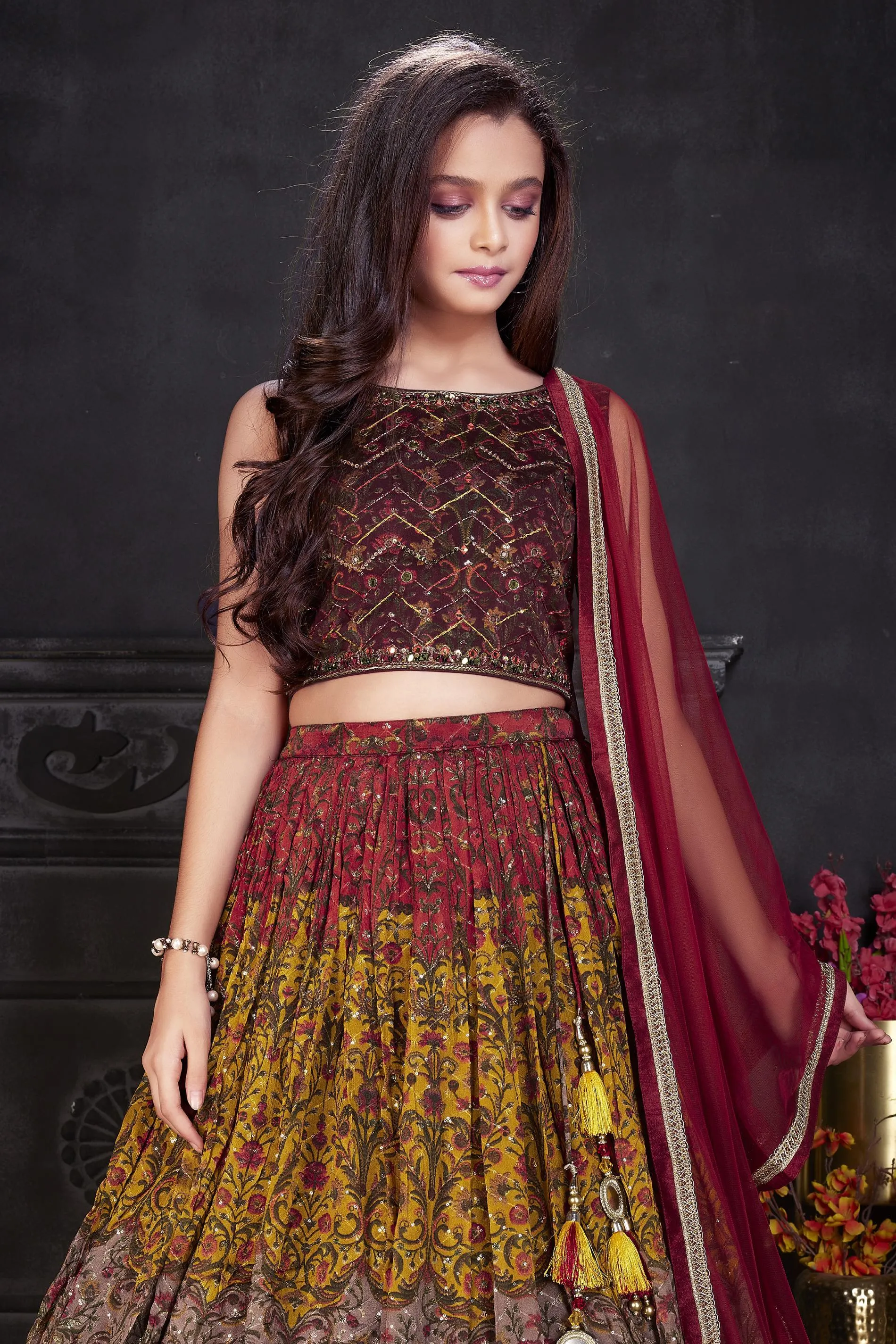 Maroon with Multicolor Print, Beads, Mirror, Sequins and Thread work Lehenga Choli for Girls