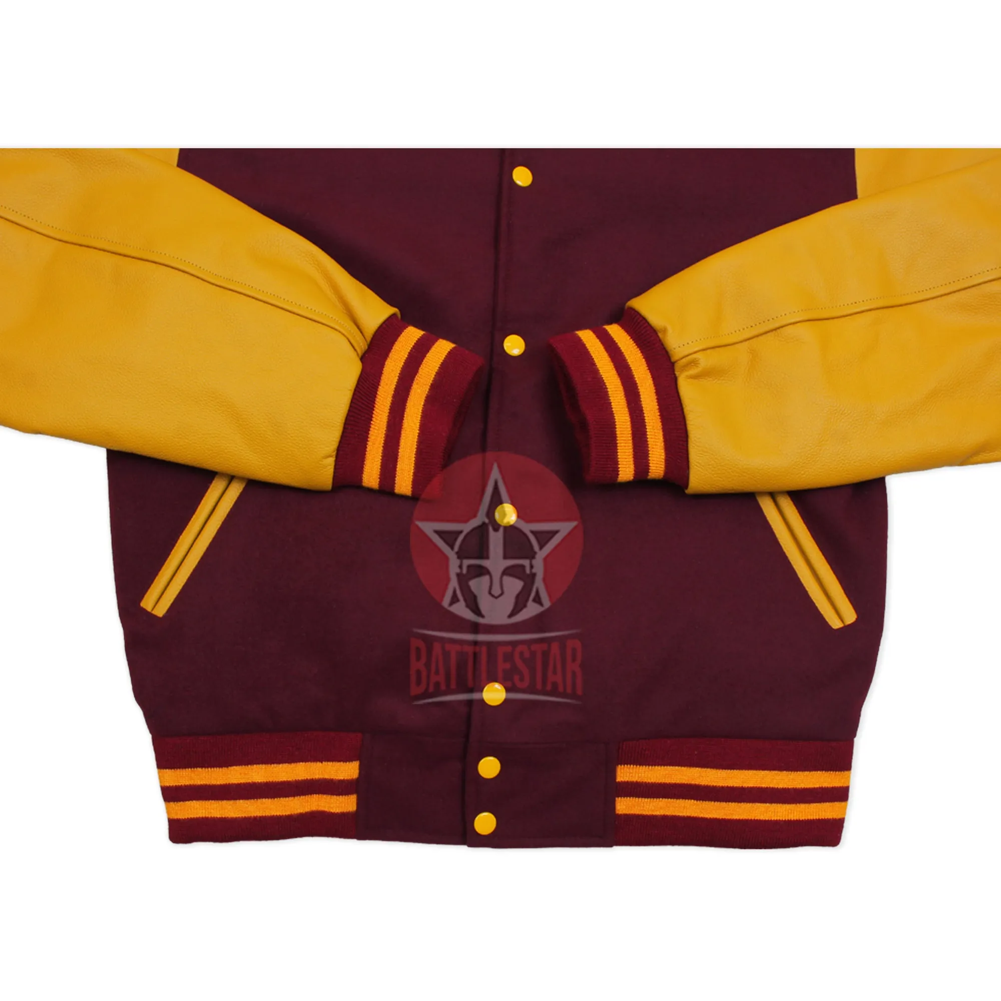 Maroon Wool Varsity Jacket Gold Yellow Leather Sleeves