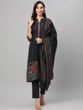 Navy Blue Ornamental Print Kurta Trouser Dupatta