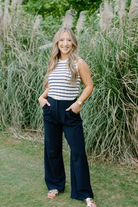 Navy Pleated High Waisted Trousers